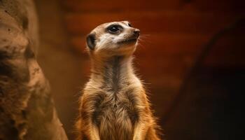 meerkat seduta mettere in guardia, pelliccia e grugno nel messa a fuoco, Guardando all'aperto generato di ai foto