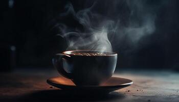 buio caffè tazza su rustico legna tavolo, vapore in aumento, caffeina dipendenza generato di ai foto