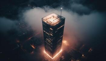 futuristico grattacielo si illumina città orizzonte a crepuscolo, riflettendo nel acqua generato di ai foto
