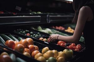 avvicinamento di giovane donna la scelta fresco verdure nel drogheria negozio. messa a fuoco su primo piano, un' avvicinamento Visualizza di un' femmina consumatore acquisto drogheria a partire dal un' negozio, ai generato foto