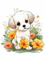 carino colorato cucciolo impostato illustrazione. cane cartone animato illustrazione per bambini. bambino cane seduta su un' bianca sfondo. bellissimo cucciolo illustrazione fascio con colorato arcobaleni e fiori. ai generato. foto