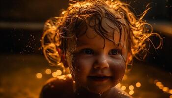 sorridente bambino piccolo spruzzi nel bagnato natura, godendo giocoso estate vacanza generato di ai foto