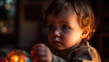 sorridente caucasico bambino piccolo Tenere bambino fratello nel illuminato casa interno generato di ai foto