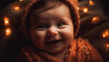 sorridente bambino ragazzo, illuminato di Natale albero, porta nuovo amore generato di ai foto