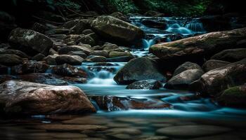 tranquillo scena di fluente acqua nel tropicale foresta pluviale natura selvaggia la zona generato di ai foto