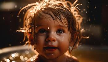 carino caucasico bambino piccolo sorridente mentre spruzzi nel vasca da bagno con bolle generato di ai foto