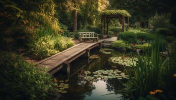 tranquillo scena di un' stagno nel un' formale giardino generato di ai foto
