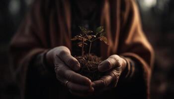 uno uomo Tenere un' piantina, inizio nuovo vita nel natura generato di ai foto