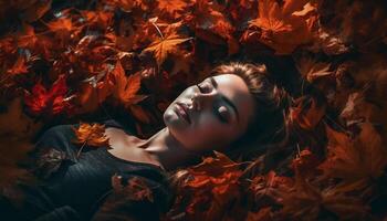 giovane donna dire bugie su autunno foglie, godendo natura bellezza generato di ai foto