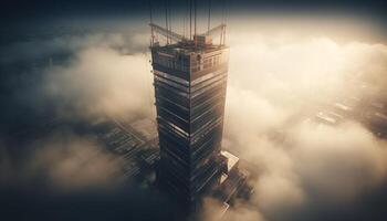 futuristico paesaggio urbano grattacielo architettura nel nebbioso aereo Visualizza all'aperto generato di ai foto