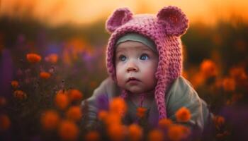 sorridente bambino ragazza giocando nel colorato autunno prato, puro felicità generato di ai foto