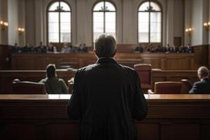 posteriore Visualizza di un' uomo seduta a il tavolo nel un' aula di tribunale, un' Tribunale procuratore avvocato pieno posteriore Visualizza dentro Tribunale, ai generato foto