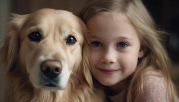caucasico ragazza Abbracciare una persona carino d'oro cane da riporto cucciolo, sorridente con gioia generato di ai foto