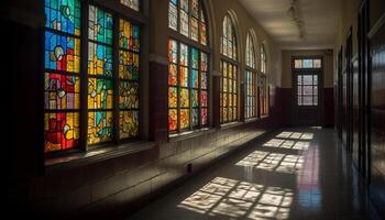 macchiato bicchiere finestra si illumina antico Cattedrale Multi colorato decorazione e storia generato di ai foto