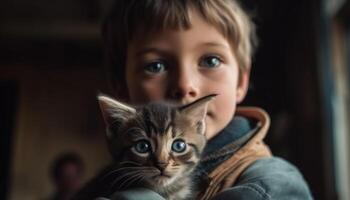 sorridente bambino abbraccia giocoso gattino, blu occhi bloccato nel amicizia generato di ai foto