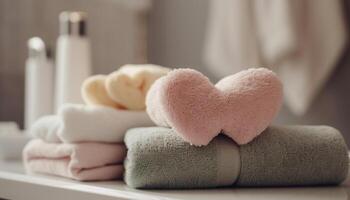 soffice asciugamano pila nel pulito bagno per coccole rilassamento generato di ai foto