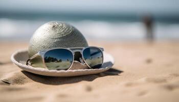 occhiali da sole, cannuccia cappello, costumi da bagno, abbronzatura lozione Perfetto vacanza essenziali generato di ai foto