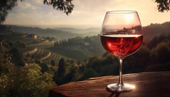 tramonto al di sopra di vigneto, bicchiere di vino nel mano, festeggiare romanza e vinificazione generato di ai foto