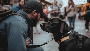 uomini e loro animali domestici a piedi all'aperto nel il città generato di ai foto