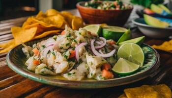 buongustaio taco piatto con fresco guacamole, coriandolo, e lime generato di ai foto