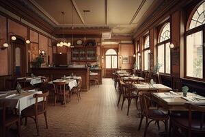 3d interpretazione di un' Vintage ▾ bar interno con un' lotto di arredamento, un' grande alla francese ristorante interno Visualizza senza clienti, ai generato foto