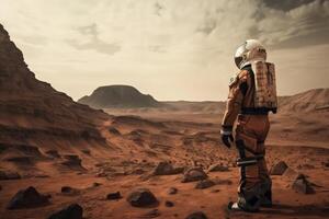 astronauta nel il deserto. misto media. misto media. astronauta su Marte in piedi e guardare su a il cielo, ai generato foto