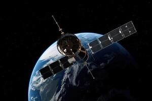 satellitare orbitante il pianeta terra. 3d resa. un' satellitare nel spazio orbitante il terra, ai generato foto