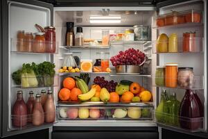 un' frigorifero pieno di salutare cibo, frutta, e la verdura, un ha aperto frigo pieno di fresco frutta e la verdura, ai generato foto