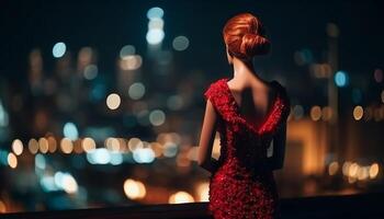 testa Rossa bellezza in piedi nel brillante vestire, sfocato paesaggio urbano raggiante generato di ai foto