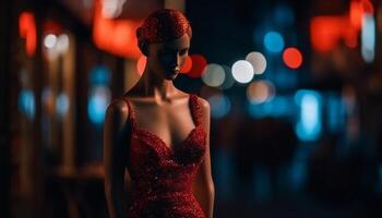 giovane donna nel affascinante vestito sta nel illuminato discoteca generato di ai foto