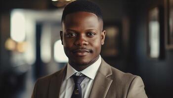 fiducioso africano uomo d'affari sorridente nel moderno ufficio, riuscito imprenditore competenza generato di ai foto