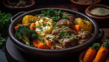 appena grigliato carne e verdure su rustico di legno tavolo piatto generato di ai foto