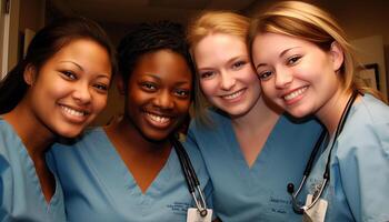 un' gruppo di sorridente assistenza sanitaria professionisti guardare a telecamera generato di ai foto