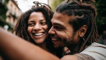 giovane adulti sorridente, abbracciando, godendo natura, nel un' spensierato relazione generato di ai foto