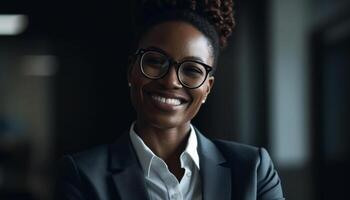 fiducioso africano americano donna d'affari in piedi nel ufficio, sorridente a telecamera generato di ai foto