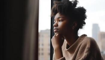 giovane donna con Riccio capelli guardare lontano, contemplando città vita generato di ai foto