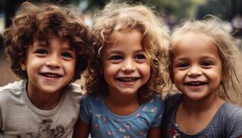 sorridente bambini giocando all'aperto, godendo estate con spensierato solidarieta generato di ai foto