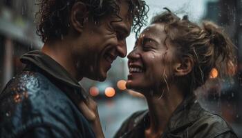 giovane coppia Abbracciare una persona nel il piovere, godendo spensierato solidarieta generato di ai foto