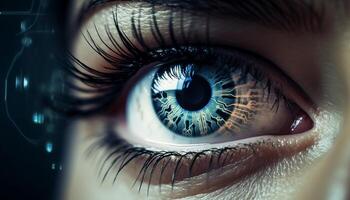 blu con gli occhi donna fissando a telecamera, vicino su di iris generato di ai foto