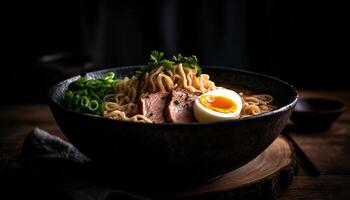 appena cucinato Maiale ramen la minestra nel rustico di legno ciotola generato di ai foto