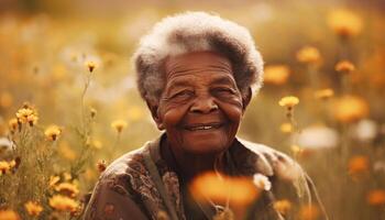 uno anziano donna sorridente, godendo natura bellezza nel rurale prato generato di ai foto
