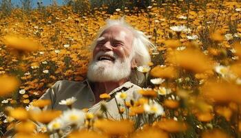 sorridente anziano uomo gode natura, Tenere giallo fiore nel prato generato di ai foto