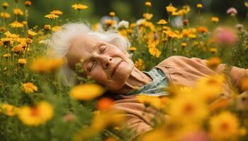 sorridente caucasico donna gode rilassamento nel natura prato, spensierato e contento generato di ai foto