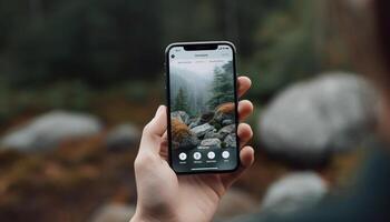 mano Tenere inteligente Telefono, Fotografare natura, senza fili comunicazione nel foresta generato di ai foto