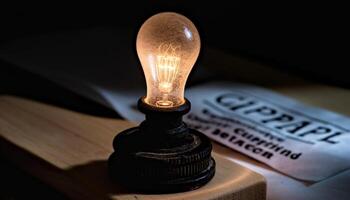 vecchio elettrico lampada si illumina luminosa idee per innovazione e creatività generato di ai foto
