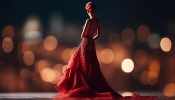 uno elegante moda modello nel un' brillante vestito su palcoscenico generato di ai foto