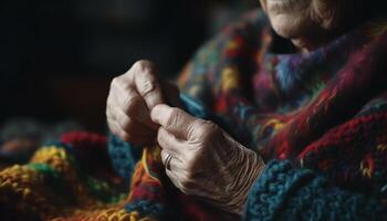rugosa mano tesse lana vergine, attivo anziano fatti in casa arte e mestiere generato di ai foto