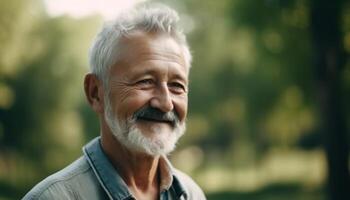 sorridente anziano uomo gode natura, la pensione, e attivo tempo libero attività generato di ai foto