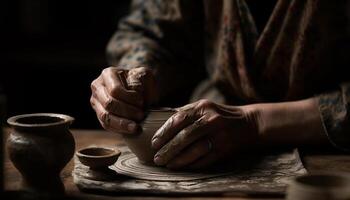 craftsperson svolta argilla su ceramica ruota, la creazione di fatti in casa vaso generato di ai foto