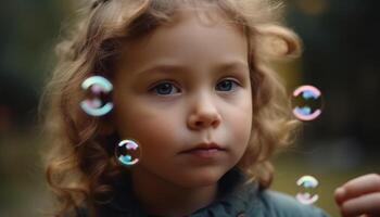 carino caucasico ragazza soffiaggio bolle, godendo spensierato infanzia nel natura generato di ai foto